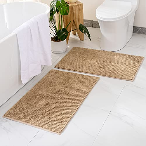 MIULEE Badematte 40x60cm Set 2 teilig Chenille Badteppich Badezimmerteppich rutschfest Waschbar Duschvorleger Badvorleger Duschmatte Bettvorleger Fussmatte Badezimmer Wohnzimmer Schlafzimmer Beige