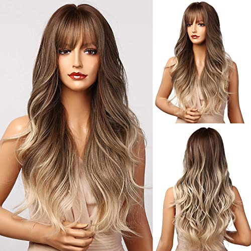 Esmee 24 Zoll Lange Lockige Haar Perücken für Frauen Braun Ombre Blonde Natürlich Synthetische Haar Perücke mit Pony