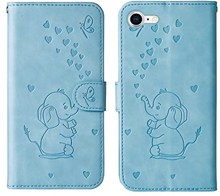 Bartern Flip Case for iPhone SE 2020/iPhone SE 2022,Cute Elephant PU Leather Folio Flip Wallet Phone Case Cover with Card Holder Magnetic Closure and Stand Feature for iPhone 7/iPhone 8,Blue