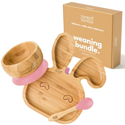 bamboo bamboo Baby Plate & Bowl Weaning Set for Feeding and Weaning, Bamboo Bunny Plate, Toddler Bowl & Baby Spoon, Suction Plates for Babies from 6 Months (Bunny, Pink
