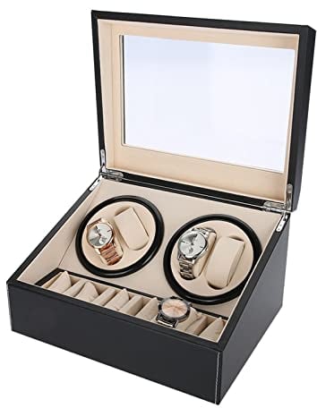 Automatischer Uhrenbeweger Box mit zusätzlichen Stauräumen Drehbarer Automatikuhren Uhrenbeweger für 4 + 6 Uhren Stummschaltuhr Automatischer Uhrenbeweger läuft leise mit leisem Motor(Schwarz)