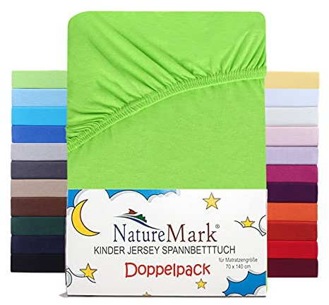 NatureMark 2er Set Kinder Spannbettlaken Jersey, Spannbetttuch 100% Baumwolle, für Babybett und Kinderbett | 70x140 cm - Apfel grün