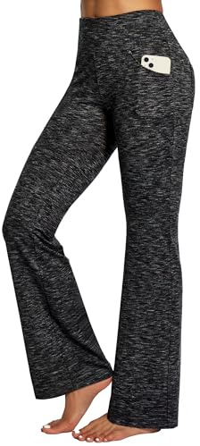 IUGA Yoga Pants Women Wide Leg High Waist Bootcut Workout Flare Leggings Tummy Control Work Dress Pants Women 4 Pockets, Spacedye Mattblack, M