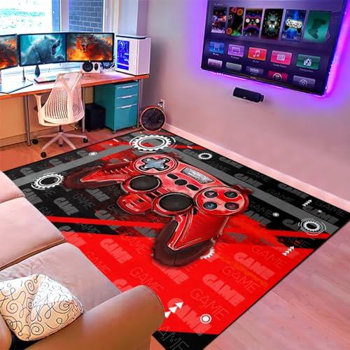 Gamer Rugs for Bedroom Boys Teens 3D Printed Red Game Gamepad Carpets Living Room Large Mat Home Decor Gaming Controller Black Crystal Floor Polyester Decor Doormats, 63x47