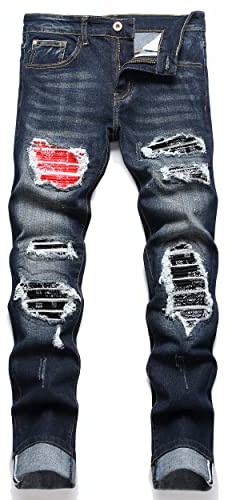 OIIIO Men's Patch Ripped Stretch Regular Fit Jean, 6618-dark Blue, 36