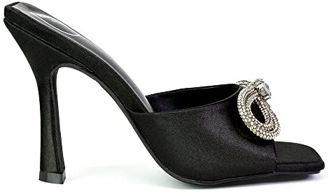 ESSEX GLAM Womens Diamante Bow Stiletto Sandals Ladies Slip On High Heel Mule Black Shoes 3