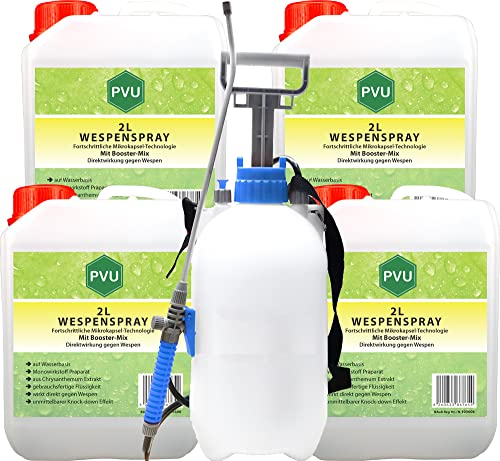 Pvu Wespenspray 4x2 Liter + 5 Liter Sprüher | Wespenabwehr formuliert in Deutschland | Hochwirksames Wespengift aus reinen Chrysanthemum Extrakt