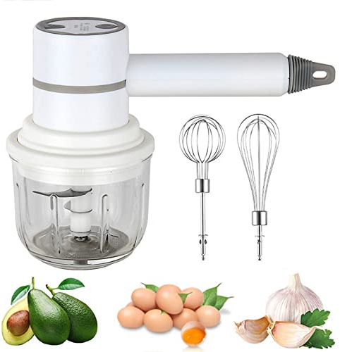 Holzsammlung Fouet Électrique, 2 en 1Hachoir Électrique Fouet à Main Sans Fil, Rechargeable USB Mini Mixeur Blender Hachoir pour Cuisson Crème aux œufs de Gâteau, Oignon, Ail, Noix (300 ML)