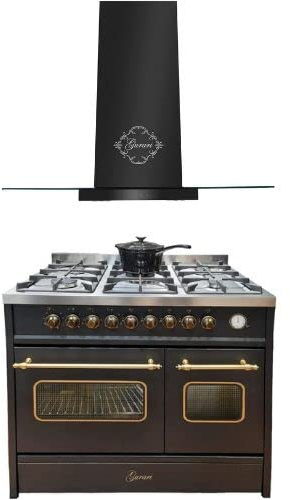 GURARI Gas Elektro Standherd GCH E 916 BL+ 466 9 BL Prime, Dunstabzugshaube 90cm, Kopffreihaube Schwarz Glas, 1000m³/h/Range Coocker / 89L / 8 Funktionen/Edelstahl/Inkl. WOK Adapter