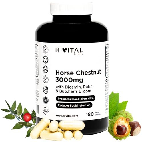 Marron d'Inde 3000 mg. 180 gélules végétaliennes pour 3 mois de traitement. Extrait Naturel de 20% d'Aescine avec Diosmine, Rutine et Rusco. Fabriqué en Europe par HIVITAL