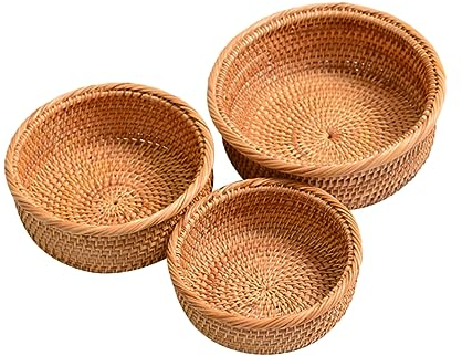 Cabilock 1 Juego 3 Uds Bandeja De Almacenamiento Tejida Para Tocador Bandeja De Servir Cesta De Exhibición Redonda Paletas De Madera Bandeja De Servir De Madera Bandejas De Fruta Cesta De