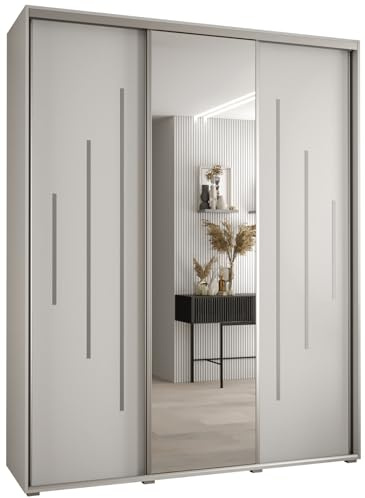 MEBLE KRYSPOL Davos 13 200 Schrank mit DREI Schiebetüren für Schlafzimmer - Moderner Kleiderschrank mit Spiegel, Kleiderstange und Regalen - 235,2x200x45 cm - Weiß Weiß Silber