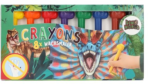Depesche 12177 Dino World - Wachsmaler mit Dino-Topper, 8 Wachsmalstifte im Karton-Etui