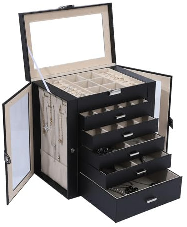 BOOVO Schmuckschatulle für Damen, 6-lagig, großer Schmuck-Organizer mit Spiegel, multifunktionale Aufbewahrungsbox mit Schloss, Zubehörhalter mit 5 Schubladen, für Ohrringe, Halsketten, Ringe,