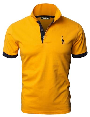 VHUQGVU Herren Poloshirt Baumwolle Kurzarm Giraffe Stickerei Polohemd Regular Slim Fit Modelle Golf Sport T-Shirt,Gelb+Schwarz,L