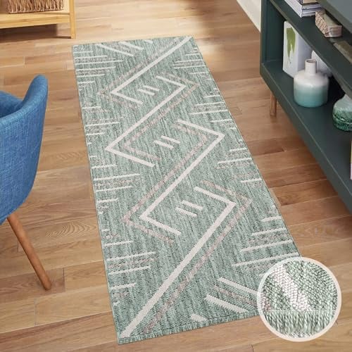 carpet city Teppich-Läufer Kurzflor Flur - Grün - 80x300 cm - Teppiche Fransen Boho-Style - Geo-Muster - Schlafzimmer, Wohnzimmer