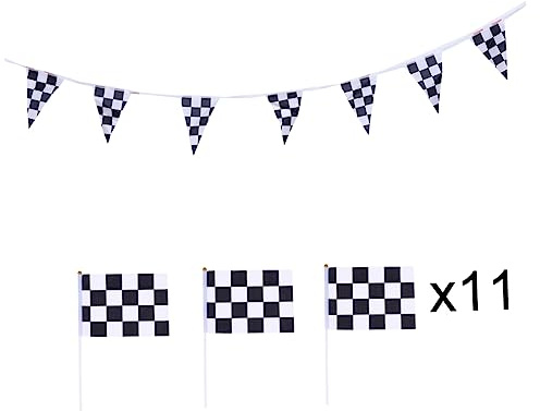 Schwarz Weiß Karierter Rennbanner Wimpelbanner 11 Stück | Polyester, 1 Banner und 10 Flaggen, Outdoor Dekoration für Party und Rennmuster Optik