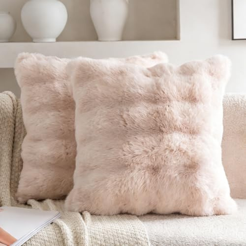 Neelvin 2er Set Decorative Kissenbezug Superweichen Plüsch Kurze Wolle Kissenhülle Luxus Zierkissenbezüge Sofakissen für Sofa Wohnzimmer Schlafzimmer 45x45cm Beige
