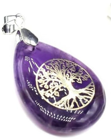 Colgante de árbol de la vida dorado con piedra de amatista natural calmante, Piedra