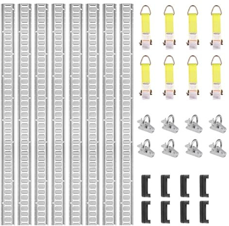 VEVOR Kit de Rails d'arrimage E-Track, 24PCS 1524 mm, avec 8 Rails Acier, 8 Joints toriques, 8 Attaches avec Anneau D, Accessoires de Fixation Polyvalents pour Motos, Cargo, vélos, Charge de 907 kg