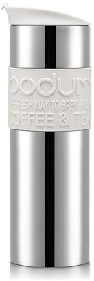 Bodum Tasse de voyage isotherme à double paroi avec couvercle, en acier inoxydable avec manchon en silicone blanc, 440 ml