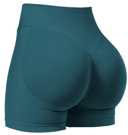 VOYJOY Damen Fitness-Shorts, Satin Grün, Größe L, 11,4 cm Schrittlänge, Niedrige Taille, Schweißableitend, 5 Taschen, Sommer