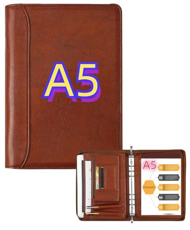 Porte-documents professionnel en cuir à fermeture éclair avec classeur à 6 anneaux pour homme – Petit format A5, dossier de planificateur de CV, support de tablette pour iPad Mini/Air2 – Marron (1