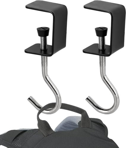 Cxryrzhe 2 PCS Clamp-On Desk Mount Bag Holder Hooks - Black Metal Hooks with Adjustable Arm - Holds Headphones, Bags, Purses, Clothes - Heavy Duty Hanger Organizer