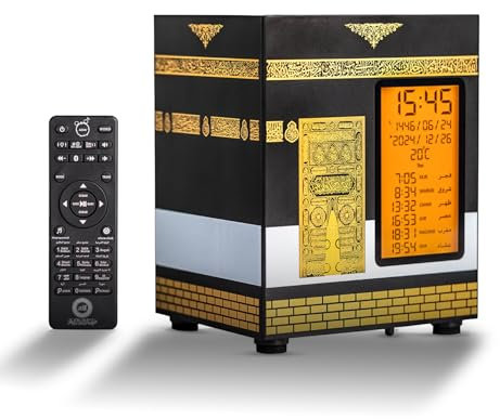 ALMOSTAQIM Azan Uhr für Zuhause - Athan Uhr zum Gebet mit Ton, tägliche Erinnerung, Koranrezitation & Erklärungen - tragbar & wiederaufladbar - Mobile App & Fernbedienung - Kaaba Design