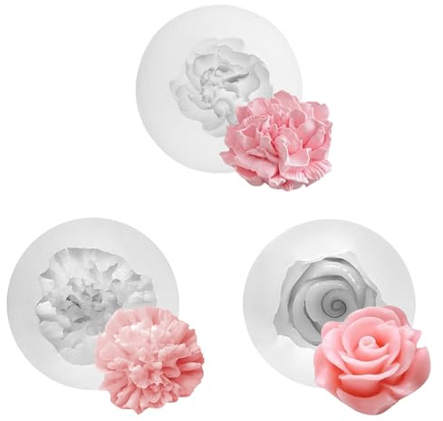 Janety 3 Stück Kerzen Formen Silikon, Rose Nelke Pfingstrose silikonformen kerzen, DIY Blume Silikonform mit Docht und Halter,3D Silikonform Kerzenformen Zum GießEn