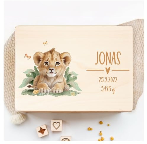 Little Deco Personalisierte Erinnerungsbox Baby Dschungel Löwe Holzkiste | L - 40 x 30 x 22 cm | Geschenk Geburt Taufe Babygeschenk Taufgeschenk Aufbewahrungskiste XHL1008-02