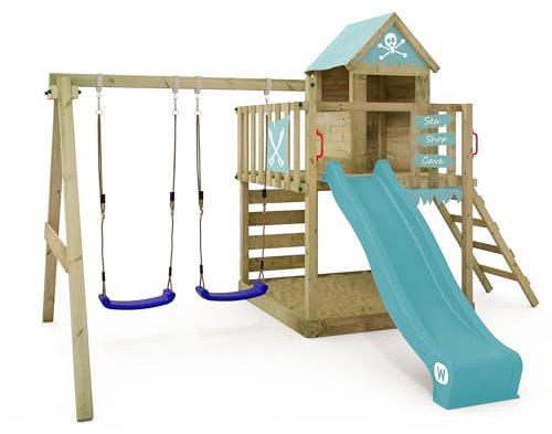 WICKEY Spielturm Klettergerüst Smart Cave mit Schaukel & Rutsche, Outdoor Kinder Kletterturm mit Sandkasten, Leiter & Spiel-Zubehör für den Garten (Pastellblau)