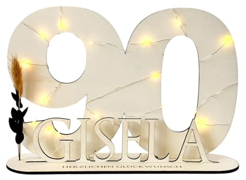 Manufaktur Liebevoll 90 Geburtstag Geschenk Frauen & Männer Geldgeschenke Geburtstag 90 mit LED Lichterkette I Gästebuch Holz 90 Geburtstag Deko I Personalisiertes Geburtstagsgeschenk mit Namen (90)