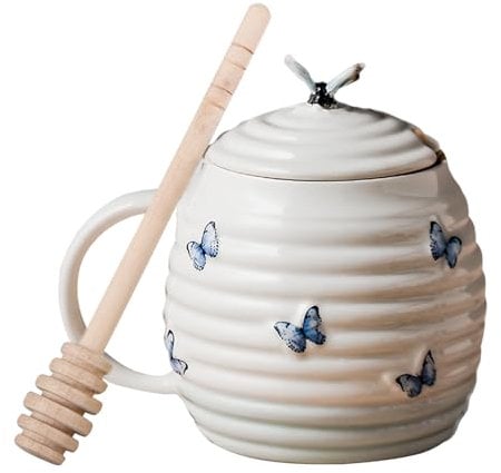 Mageeki Ceramic Honey Jar with Dipper, Butterfly Pattern Honey Pot and Drizzler, Porcelain Honey Storage Jar with Lid for Home and Kitchen Use