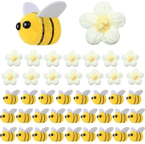 JOOTUEPO 40 Stück Bienen Deko, 26 Stück Biene mit 14 Gelb Häkelblumen, Biene Deko Deko Bienen Filzbienen Kleine Bienen Deko Filz Mini Biene Marienkäfer Deko für DIY Handwerk Kleidung Dekorationen