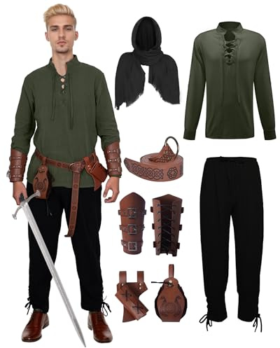 AJGEGJE Lot de 7 costumes médiévaux pour homme - Costume de Renaissance - Costume de Viking médiéval avec chemise de pirate - Pantalon long, ceinture, sangle de poignet