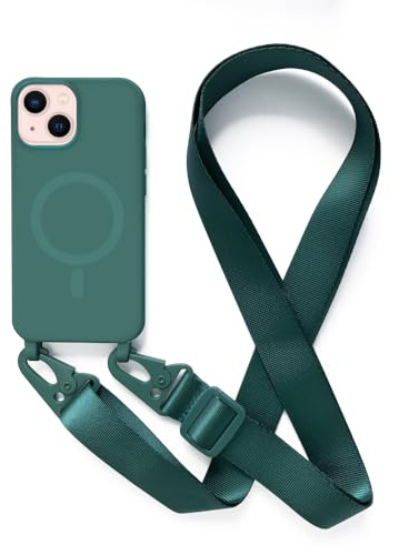 Leather Armor Handykette Hülle für iPhone 13 Mini(5.4) mit Band Halsband Lanyard (abnehmbar) Handyhülle, Verstellbarer Lanyard.Magnetisch Stoßfest Silikonhülle Wireless Charging kompatibel .-Grün