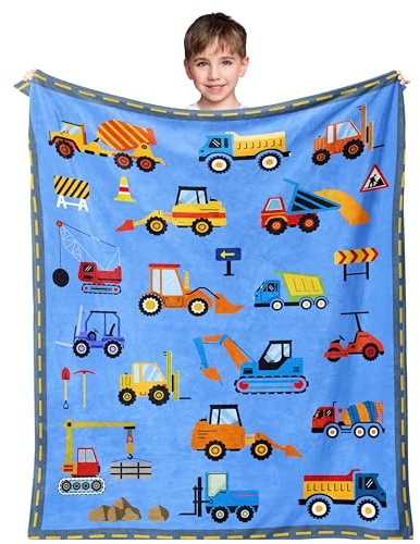Kinderdecke, Jungendecke, Kleinkinddecke, Babyblau-blau-blaue Decke, 130 x 100 cm, Jungen-Schlafzimmer-Zubehör, Traktor-Geschenkzubehör, Bauwagen, Traktor, Kran, Bagger, Geschenke, Überwurf, Blau für