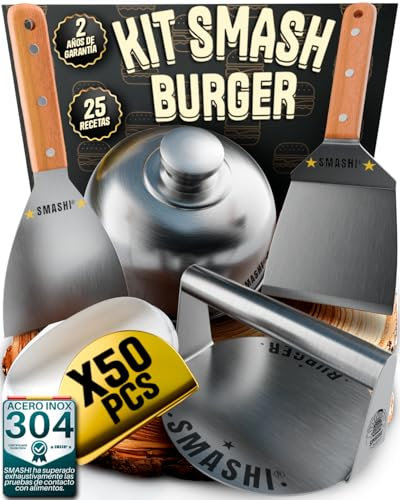 SMASHI® Kit Smash Burger Professionale in Acciaio Inox 304 Certificato Contatto Alimenti UE | Pressa Hamburger + Spatole con Manico in Legno + Accessori | Include 25 Ricette (Classico)