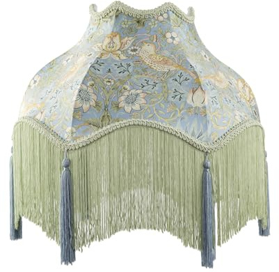 Vintage Victorian Shabby Chic Floral Velvet Fabric Lamp Shade in Emerald Green and Soft Blue | 36cm x 20cm | Inner White Faux Silk Lining by Happy Homewares