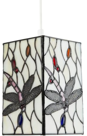 Traditional Opal White Stained Glass Dragonfly Rectangular Tiffany Pendant Light Shade | 20cm x 13cm | Oval and Round Beads by Happy Homewares
