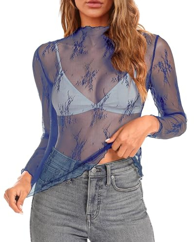 Festival Oberteil Damen Sexy Mesh Bluse Schwarz Glitzer Spitzen Durchsichtiges Netzoberteil Langarm Eng Sheer Tops Y2K Rave Outfit Party Clubwear Transparent Langarmshirt Halloween Kostüm