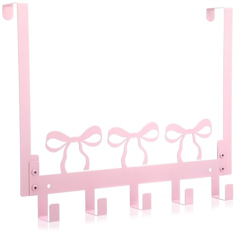 Kathfly Pink Bow Over The Door Hooks Cute Bow Towel Hooks Heavy Duty Hanging Towel Rack Over Door Hanger, 5 Coat Hanger for Bedroom Bathroom Kitchen, Pink