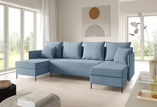 LIKMA Hellblau Ecksofa ZAVO U-Form 286x142 cm mit Schlaffunktion (274x140 cm) Eckcouch mit 3 Bettkasten und Füßen Wohnlandschaft Bettsofa mit Stauraum Polstermöbel Sofa