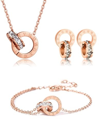 Gkaopi Parure Gioielli per Donna Ragazze Numeri Romani con Zircone Acciaio Pendente Inossidabile Placcato Oro Argento Collana Orecchini Bracciali Set di Gioielli Sposa Regalo