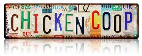 Hühner Zubehör Chicken COOP Blechschild, Metallschild Retro Deko für Hühnerstall, Outdoor Schild Gartendeko, Rustikales Deko-Schild für Stall Hof Garten, 40×10CM