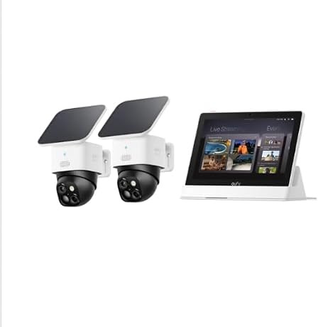 eufy Security SoloCam 2 Pack mit Smart Display, Überwachungskamera aussen solar, 360°-Überwachung, Keine Toten Winkel, Überwachungskamera aussen mit 2,4-GHz-WLAN, Gebührenfreie Nutzung