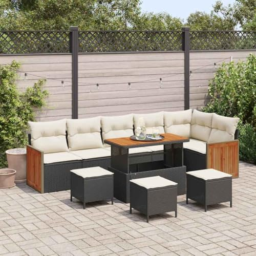Bucmath Gartensofa-Set 10-teilig, Schwarz/Creme, Poly-Rattan, Modular, Höhenverstellbarer Tisch für Terrasse, Balkon, UV-beständig, Wetterfest, Outdoor-Möbel für Garten und Veranda