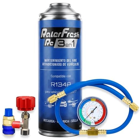 Ralerfresh RC 3 en 1 – Recharge de climatisation voiture R134a jusqu’à 2016 - Gaz réfrigérant, Colmatant de fuites, Lubrifiant (Bouteille RC31 + manomètre Tuyau + raccord rapide)