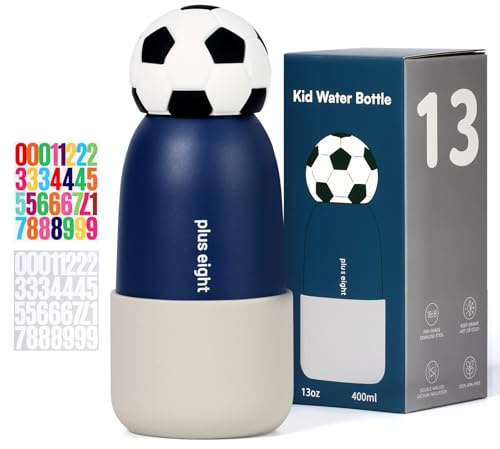 pluseight Football Water Bottle with Straw, 400ml/13oz Stainless Steel Water Bottle with Non-Slip Silicone Base for Sports, Gym or Office (Blue Gray)
